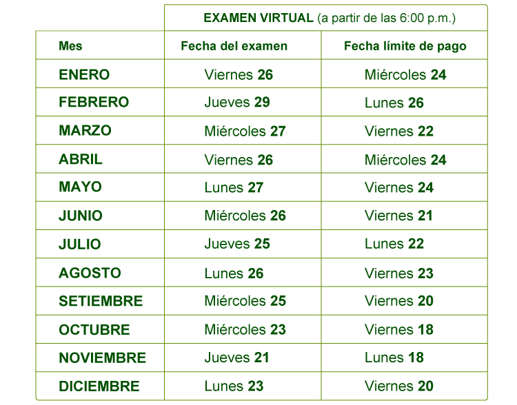 calendario de exámen de Reingreso